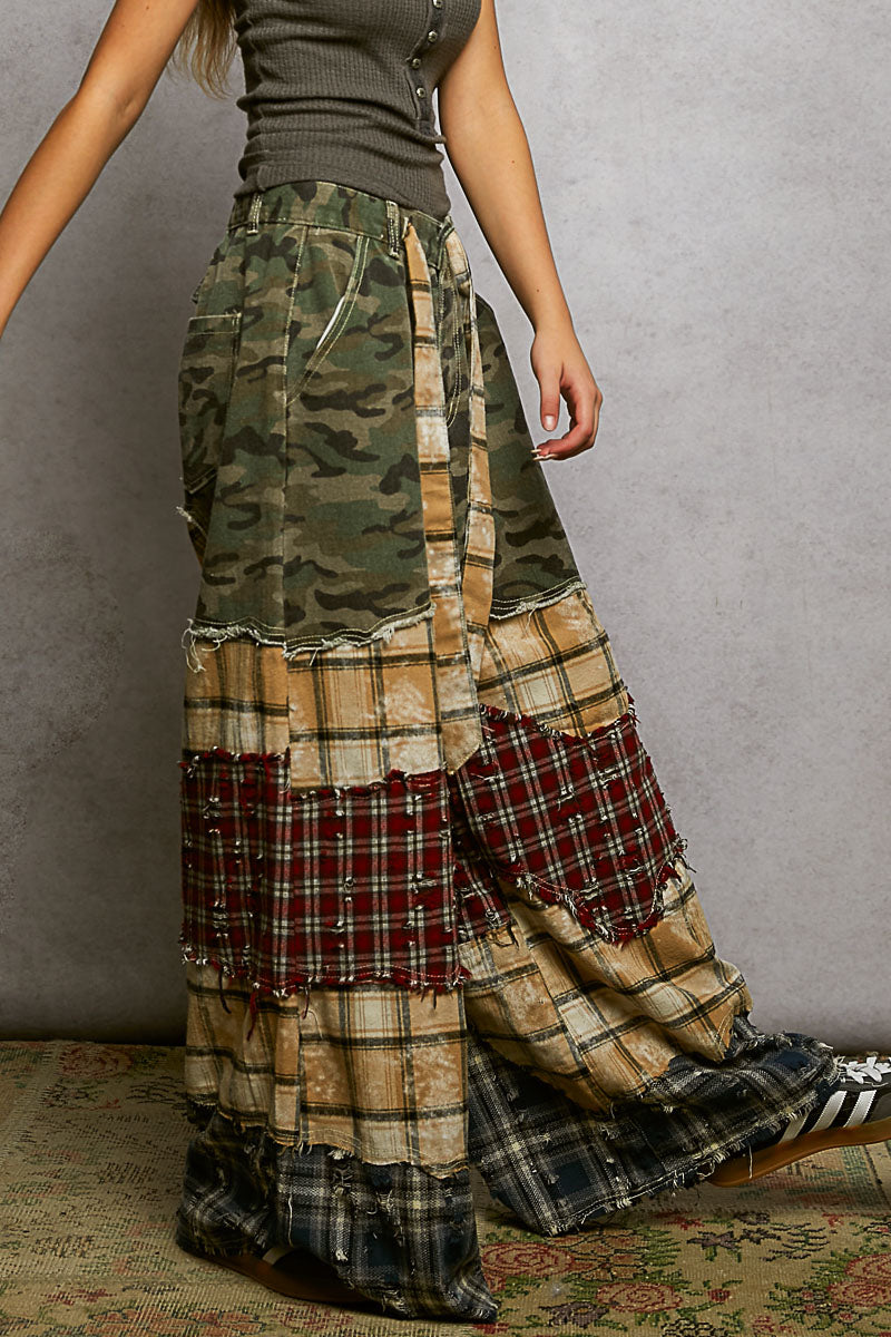 POL Camo Mutli Patch Plaid wide leg Pants
