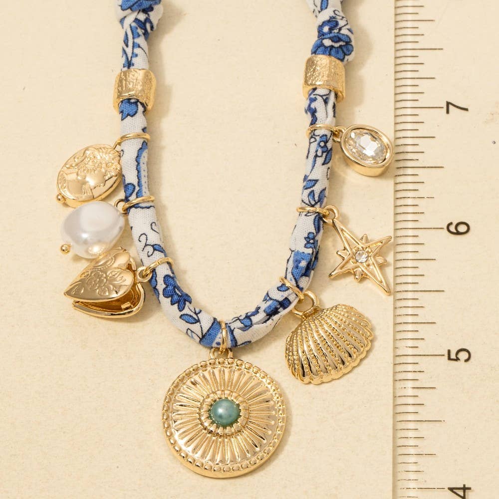 Mixed Charms Blue Paisley Bandana Necklace