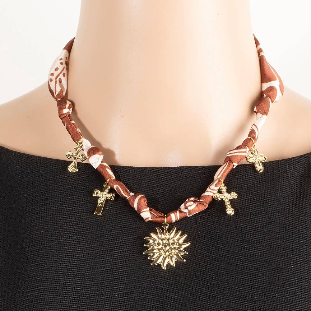 Cross And Sun Charms Bandana Chain Braided Necklace