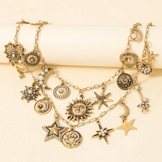 Studded Heart Moon Star And Coin Charms Statement Necklace