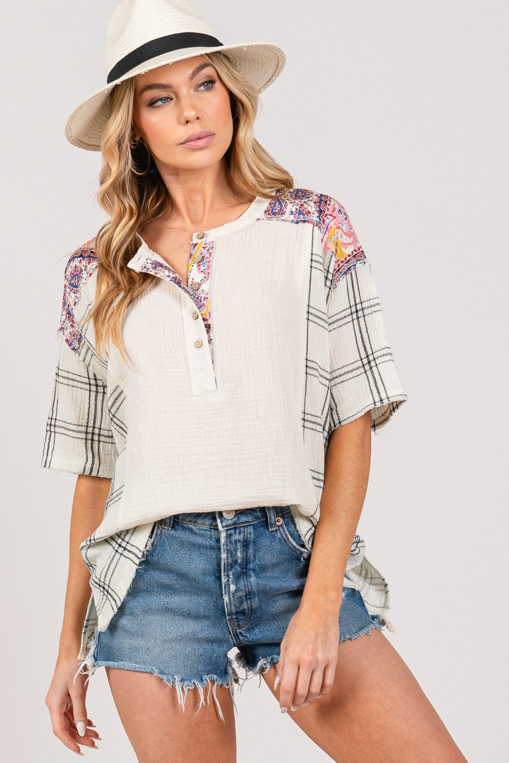 ONLINE EXCLUSIVE Plaid Half Button Gauze Top
