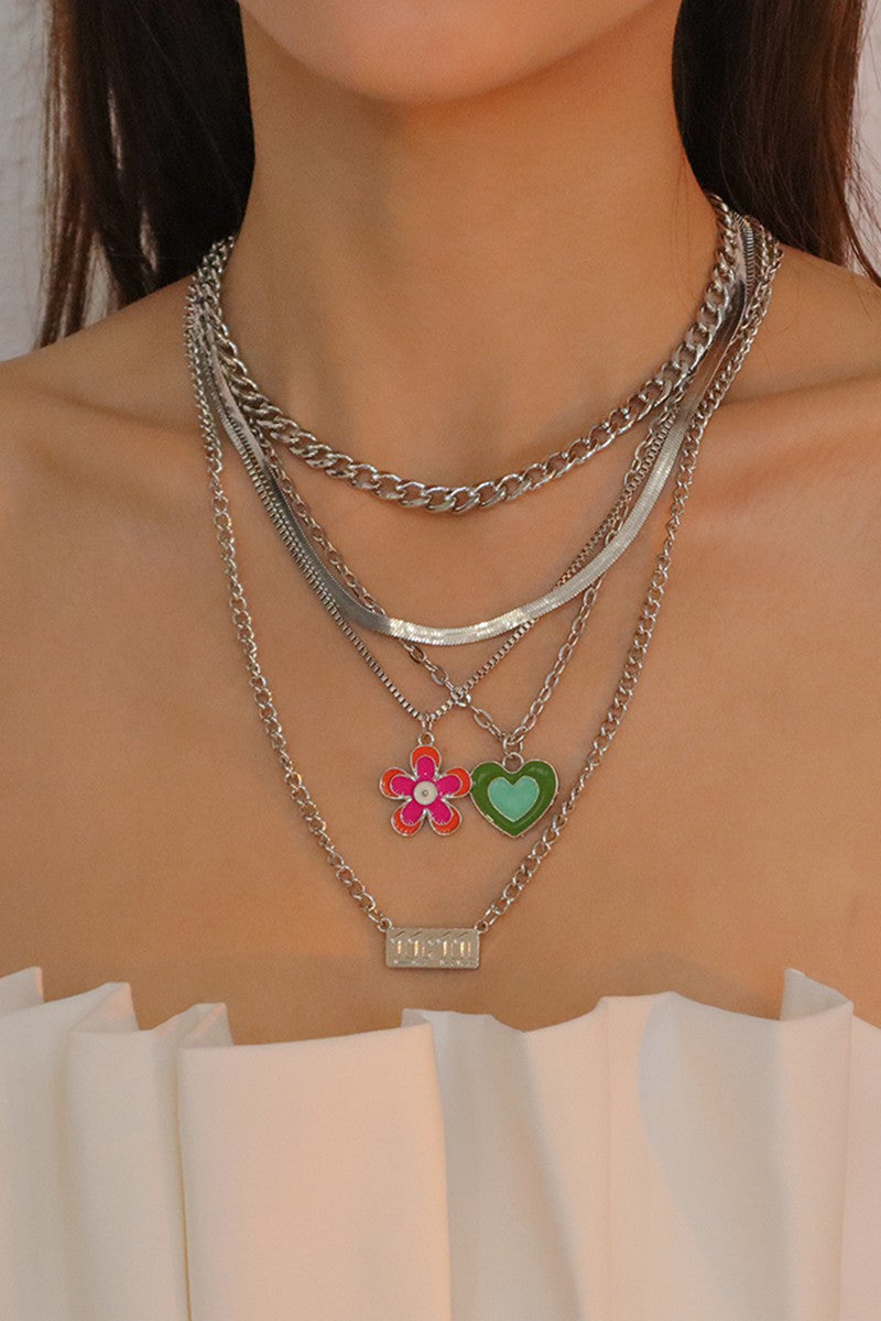 Heart Flower Pendant Snake Chain Necklaces Set