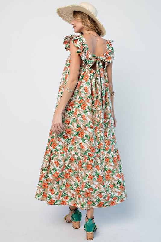 TROPICAL PRINTED COTTON RUFFLE MAXI DRESS