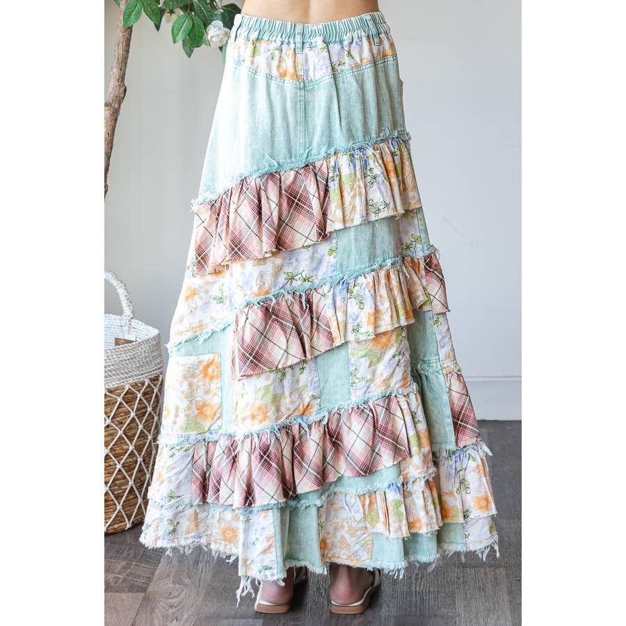 Oli & Hali washed plaid floral patchwork denim skirt