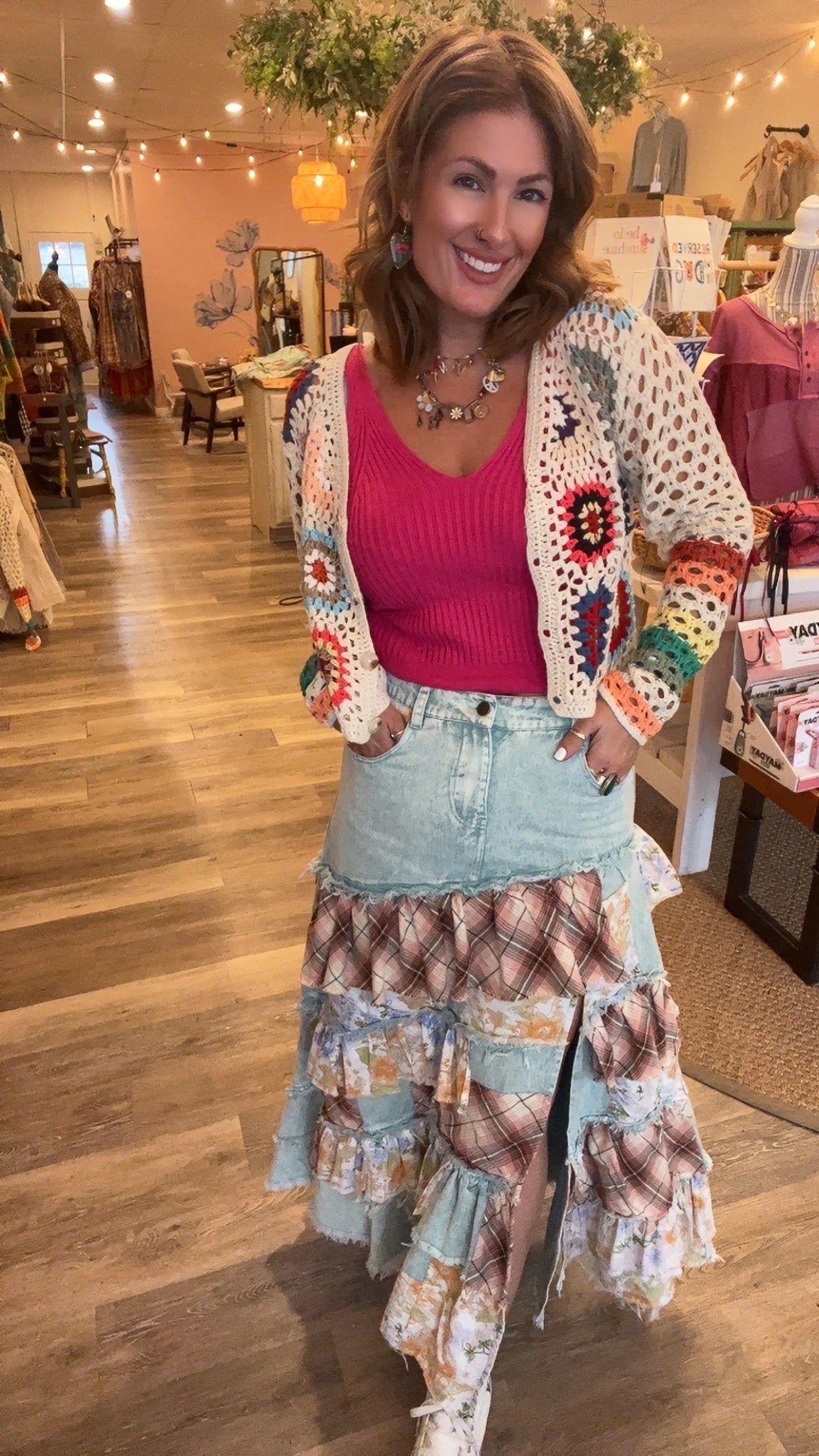 Oli & Hali washed plaid floral patchwork denim skirt