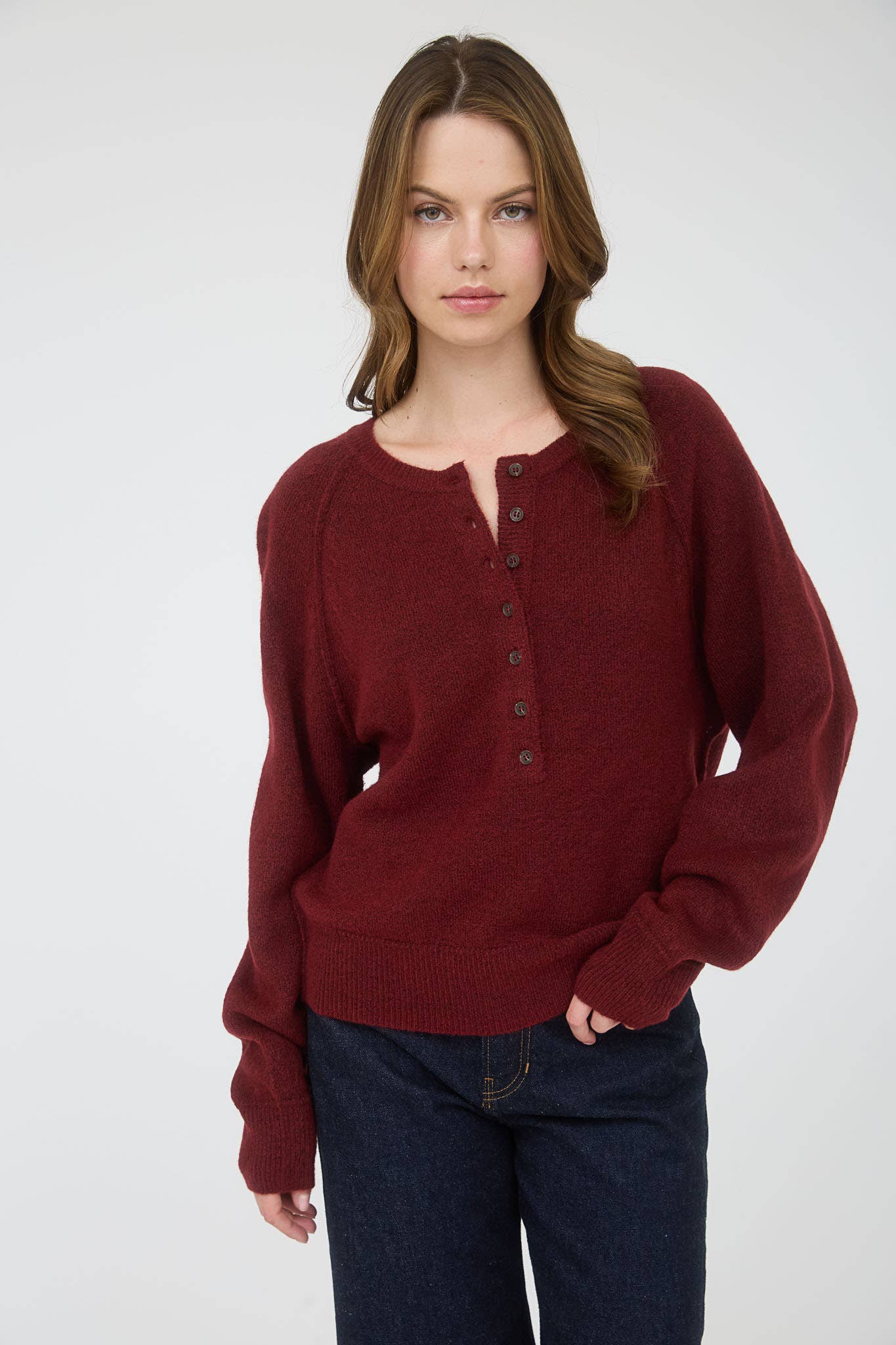 Stay a while henley knit sweater