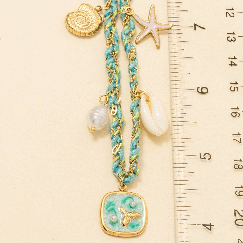 Stainless Steel Sea Life Pearl Charms Braided Necklace
