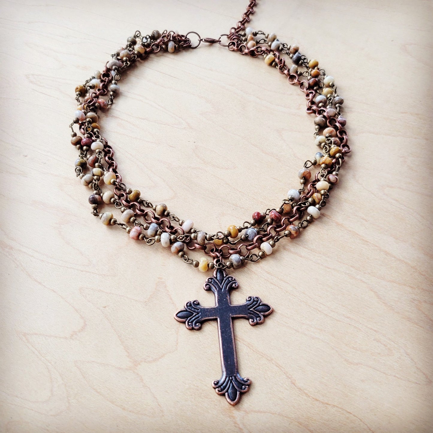 ONLINE EXCLUSIVE Natural Agate Beaded Collar Necklace w/ Cross Pendant 261d