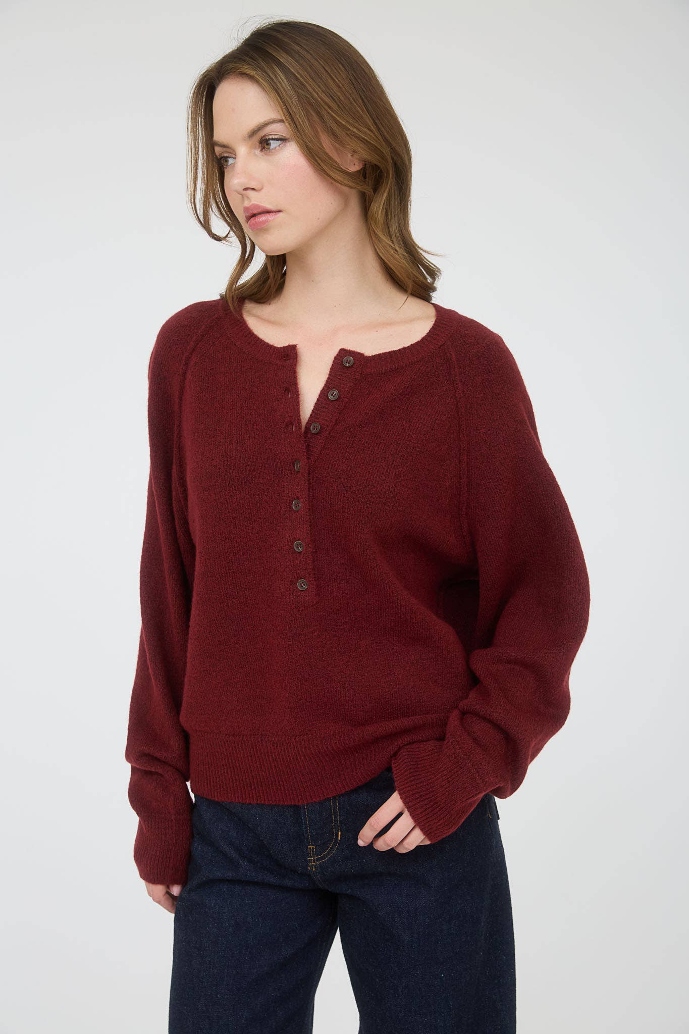 Stay a while henley knit sweater