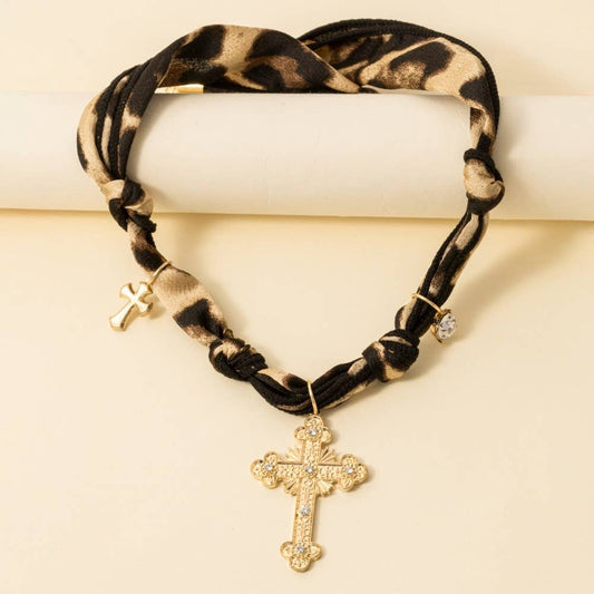 Cross Pendant And Charms Leopard Bandana Necklace