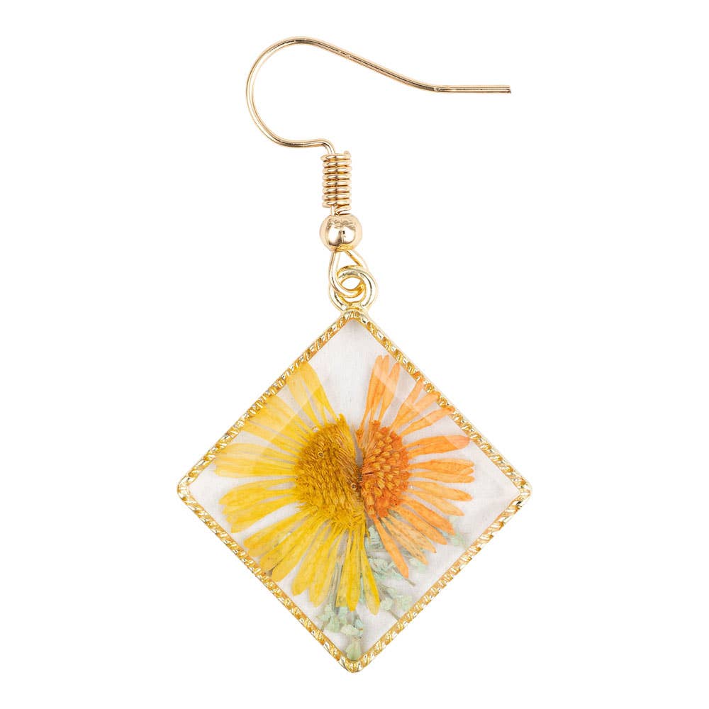 TRIANGLE SHAPE DRIED YELLOW FLOWER EARRINGS