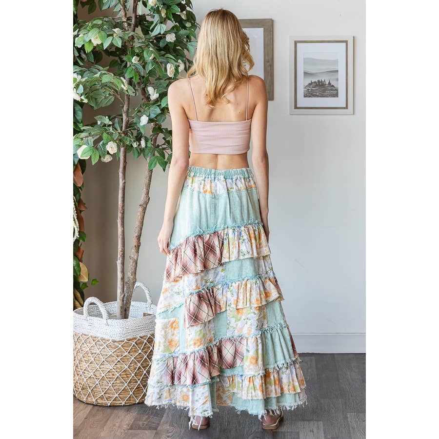 Oli & Hali washed plaid floral patchwork denim skirt