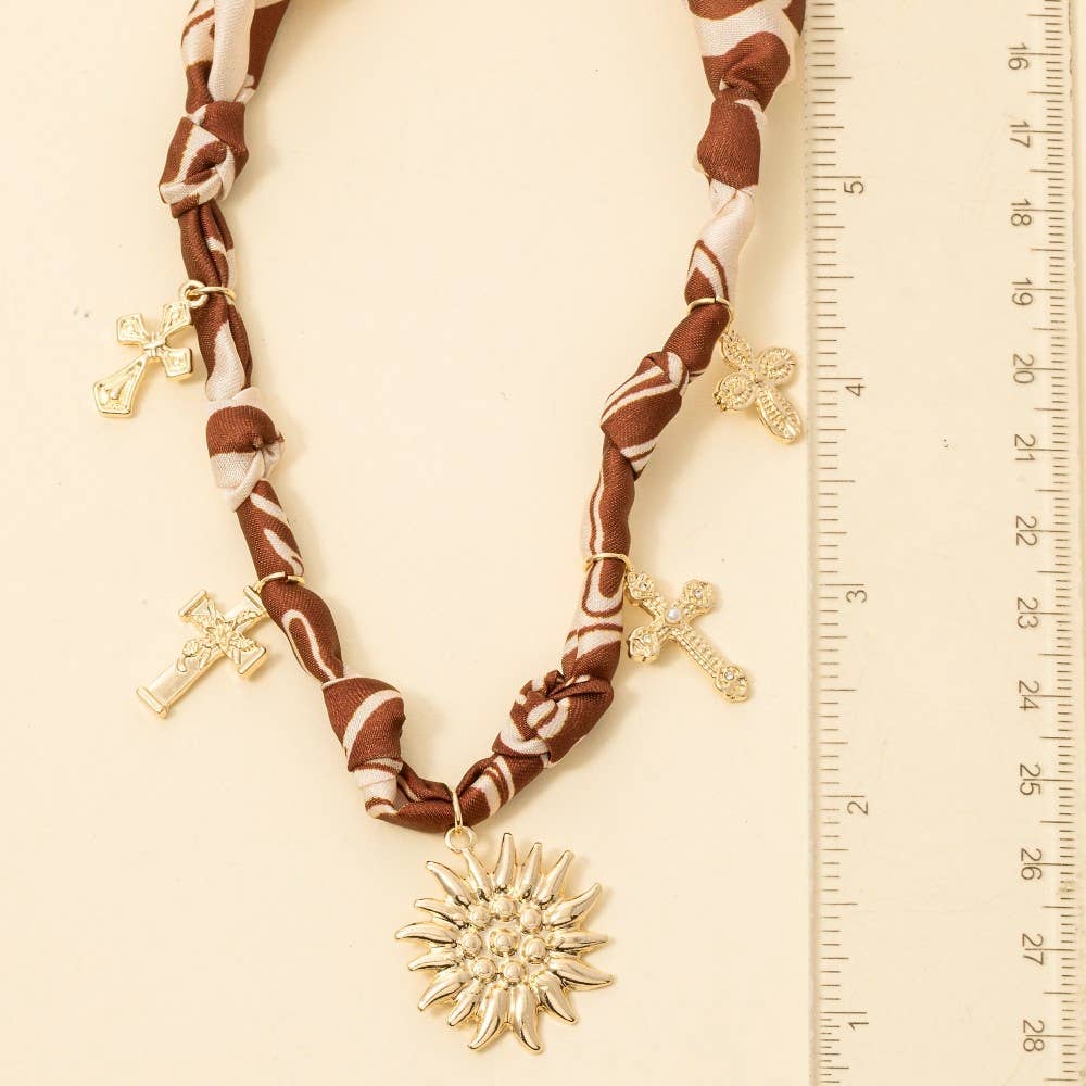 Cross And Sun Charms Bandana Chain Braided Necklace
