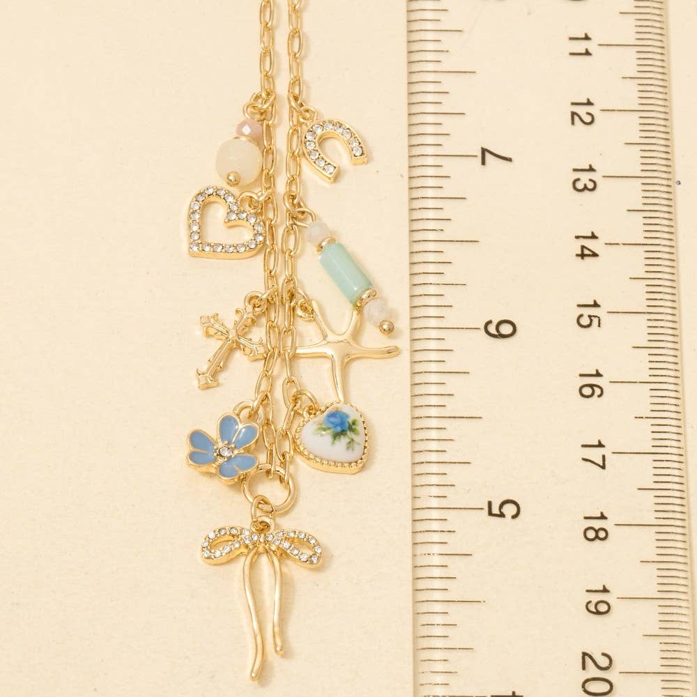 Floral Ceramic Hearts And Bow Mixed Charms Chain Necklace