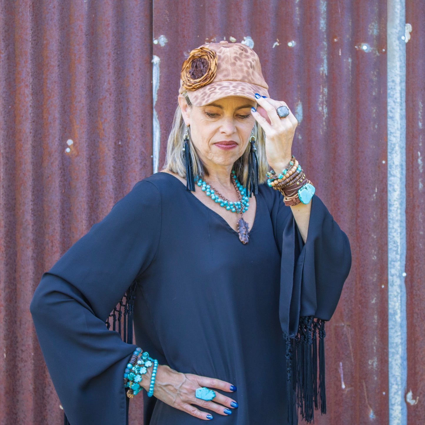 ONLINE EXCLUSIVE Black Leather Fringe Earrings with Silver Bead Accent-Black 200c