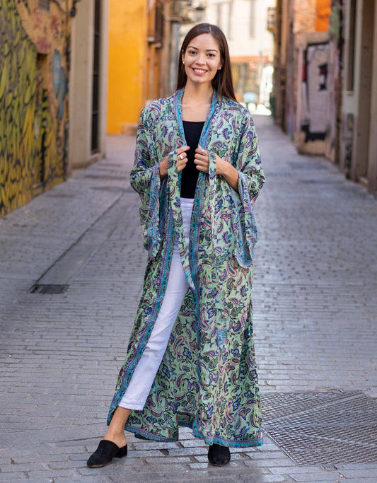 Free Size Handcrafted Silk Blend Bell Sleeve Kimono