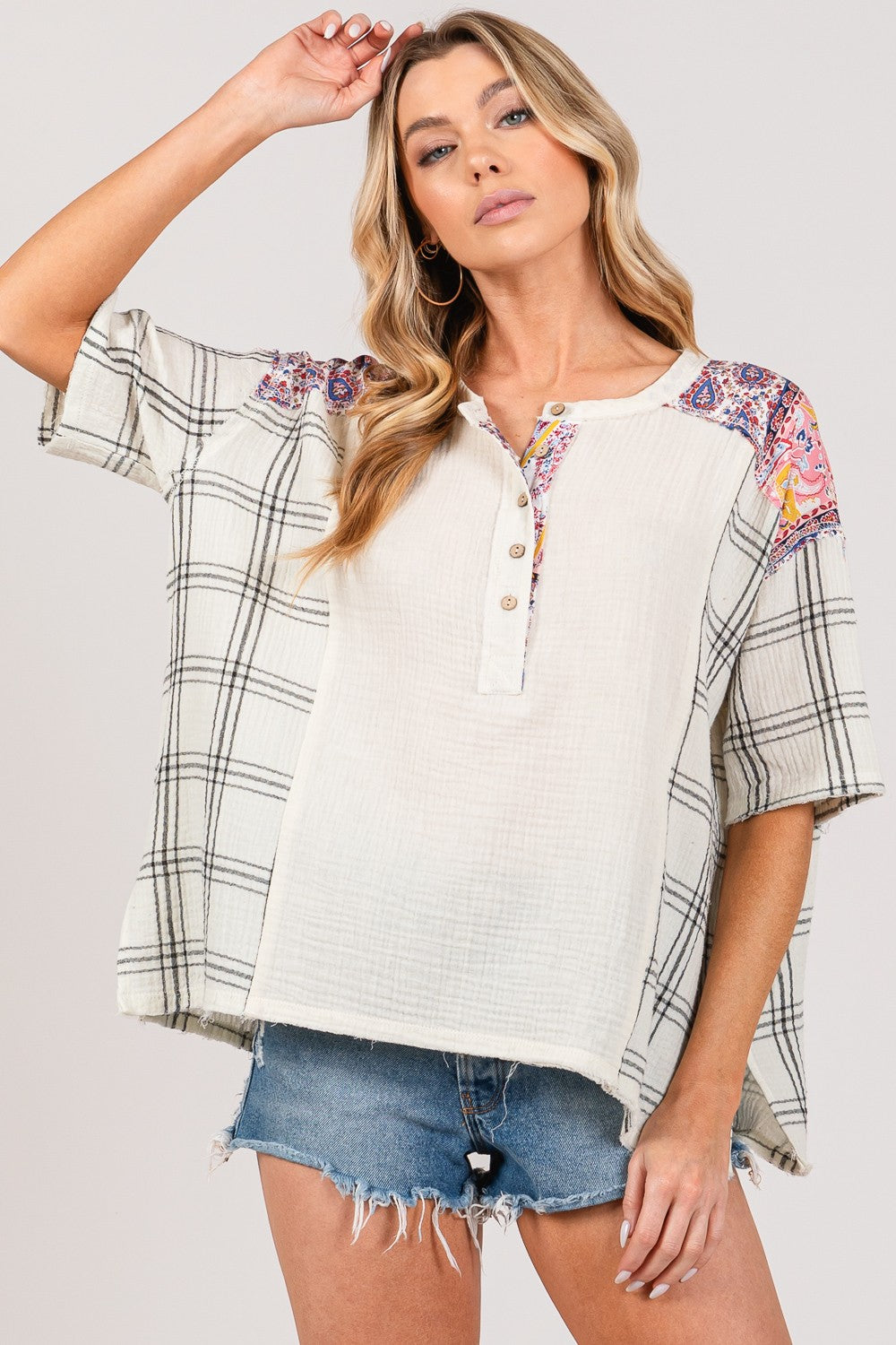 ONLINE EXCLUSIVE Plaid Half Button Gauze Top