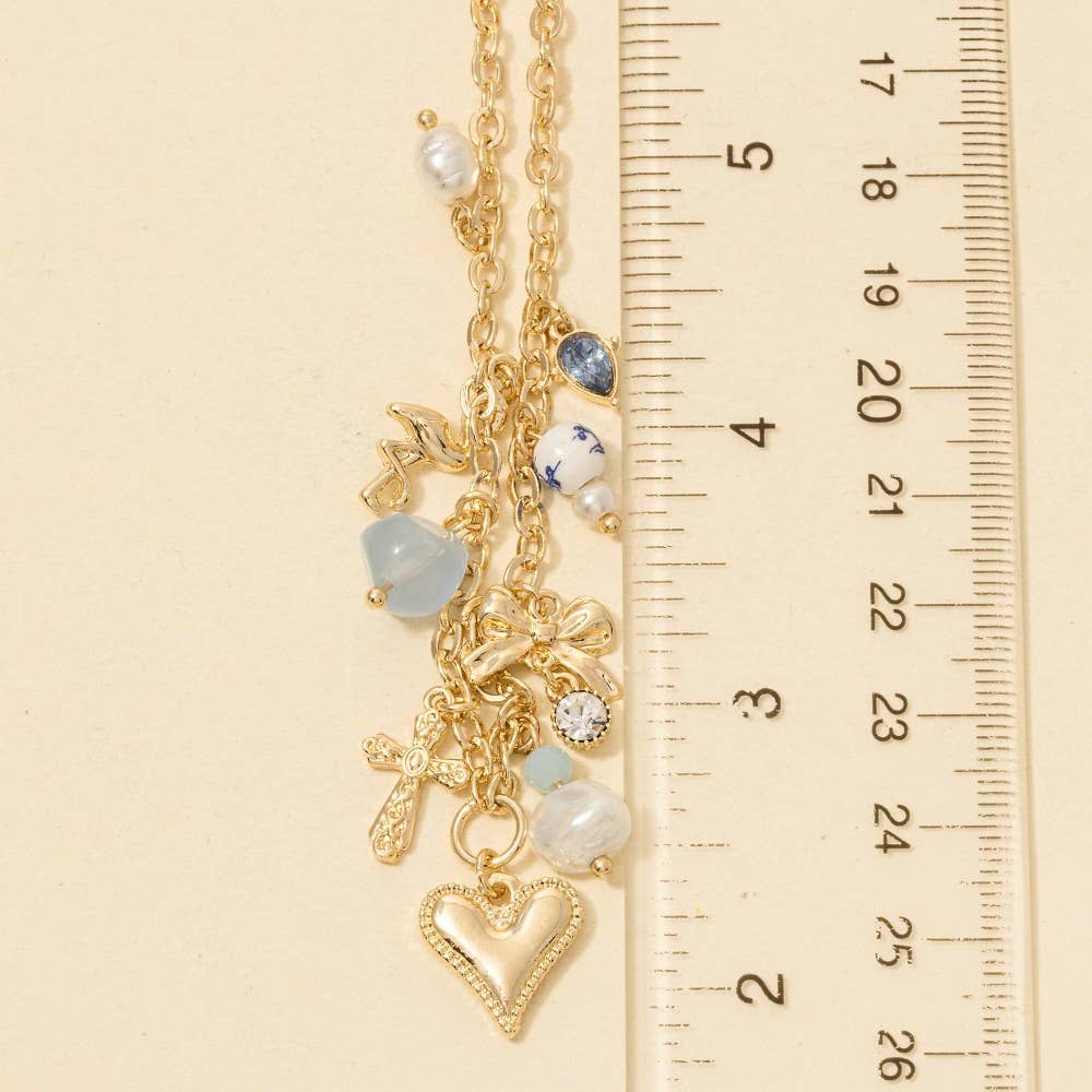 Heart Pearl Bows And Pearl Charms Chain Necklace