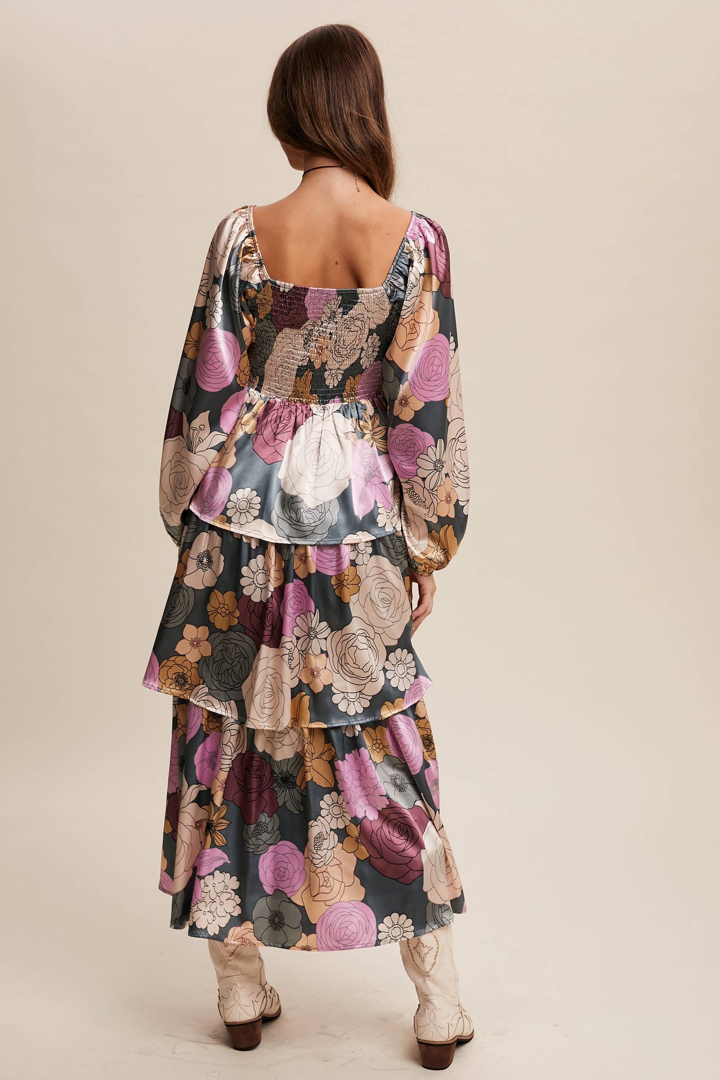 Jewel Floral Lace up tiered maxi Dress