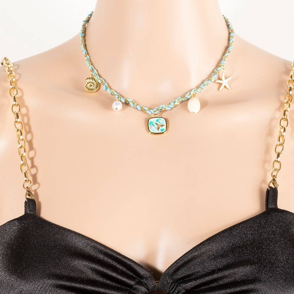 Stainless Steel Sea Life Pearl Charms Braided Necklace