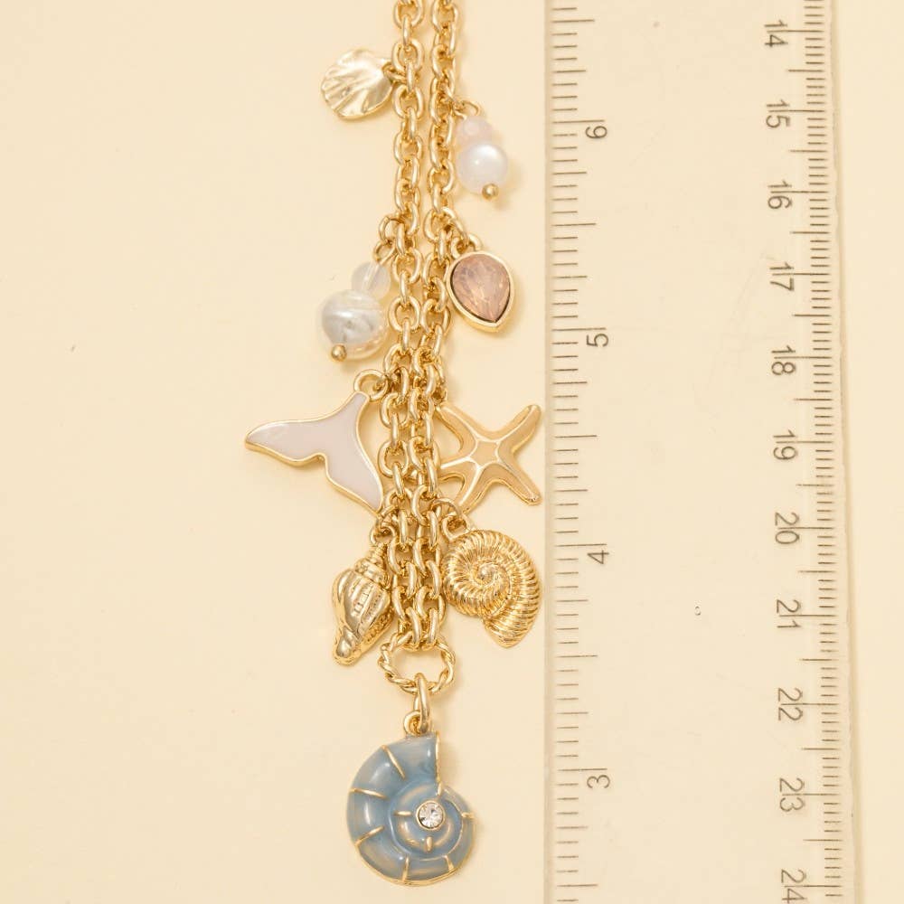 Mixed Sea Life And Pearl Charms Chain Necklace