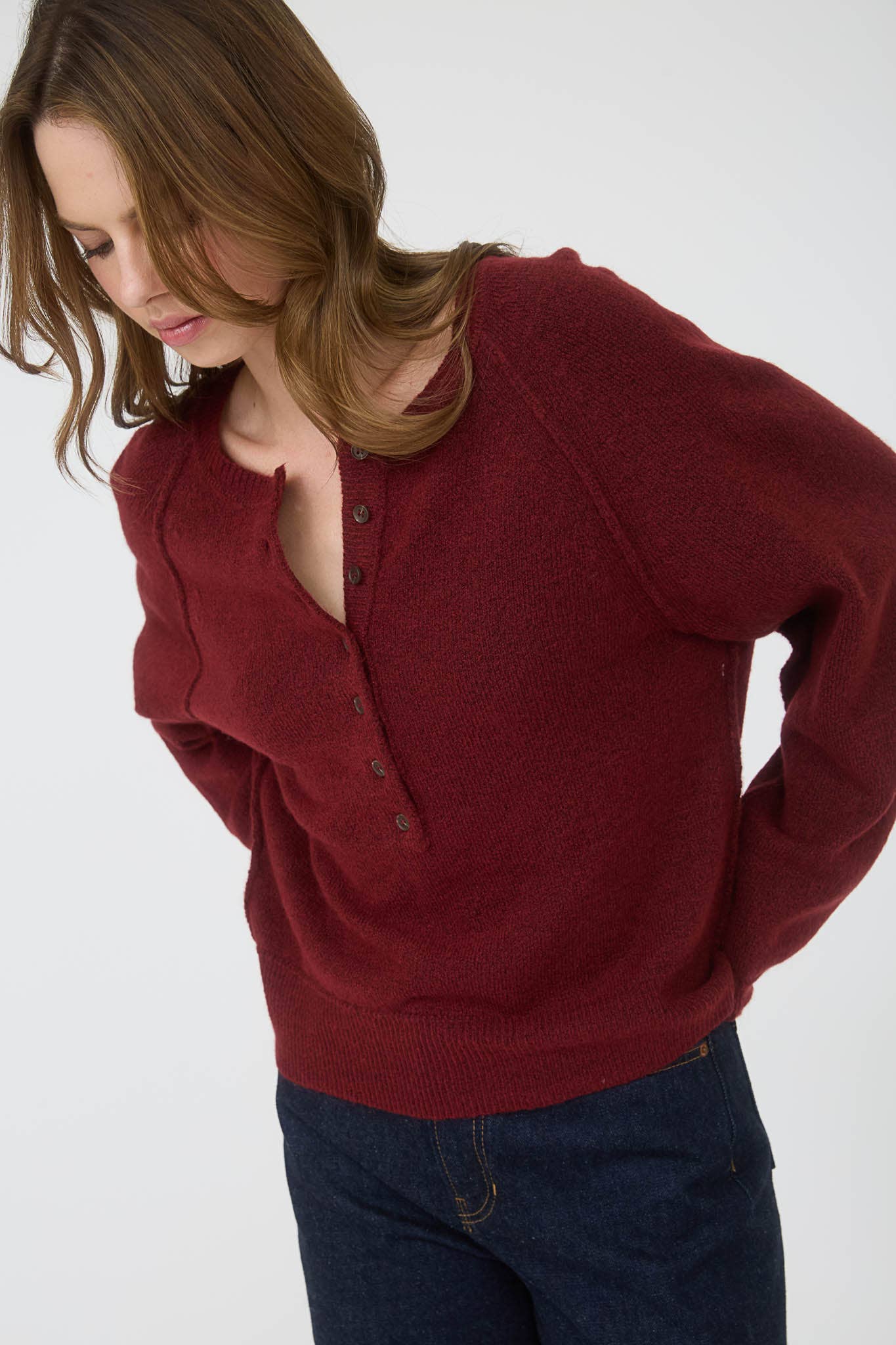 Stay a while henley knit sweater