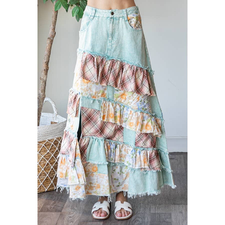 Oli & Hali washed plaid floral patchwork denim skirt