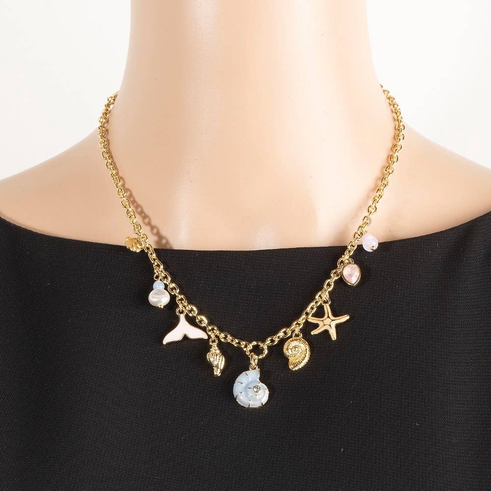 Mixed Sea Life And Pearl Charms Chain Necklace