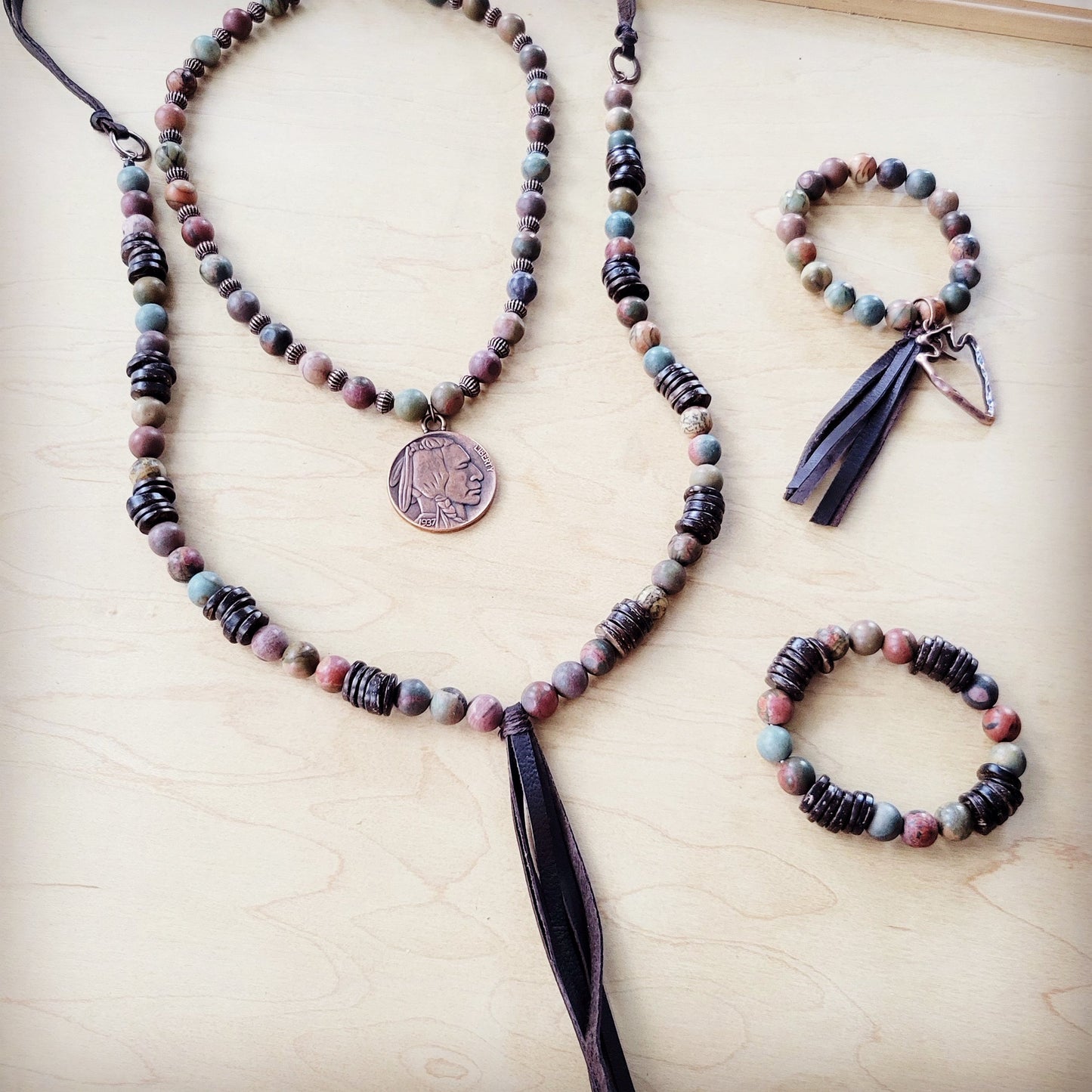 ONLINE EXCLUSIVE Picasso Jasper Necklace with Wood Beads and Leather Tassel 261i