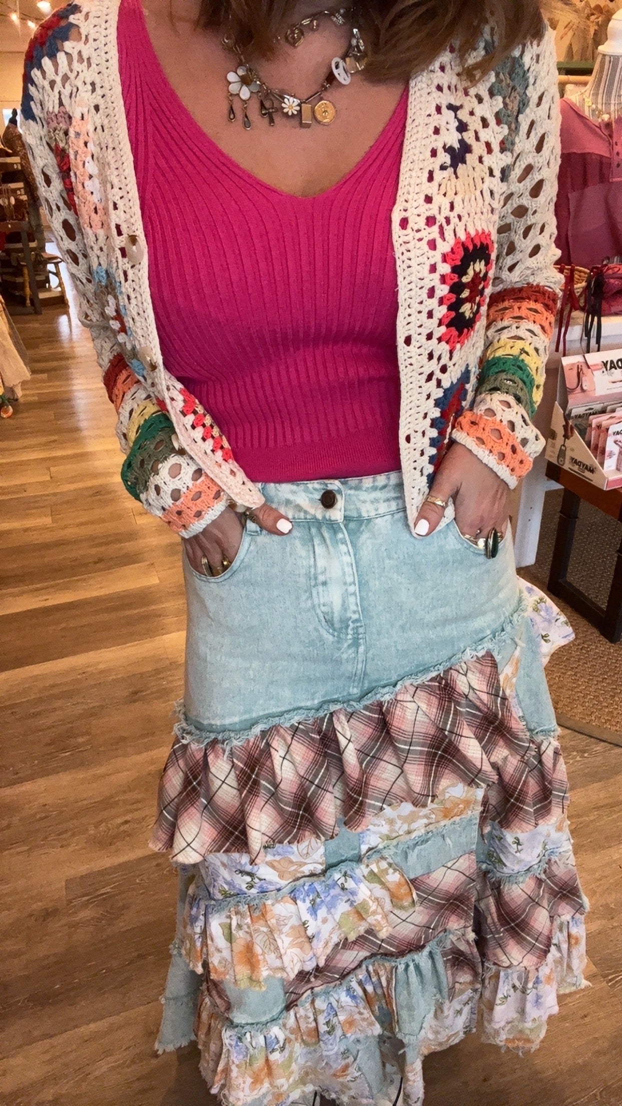 Oli & Hali washed plaid floral patchwork denim skirt
