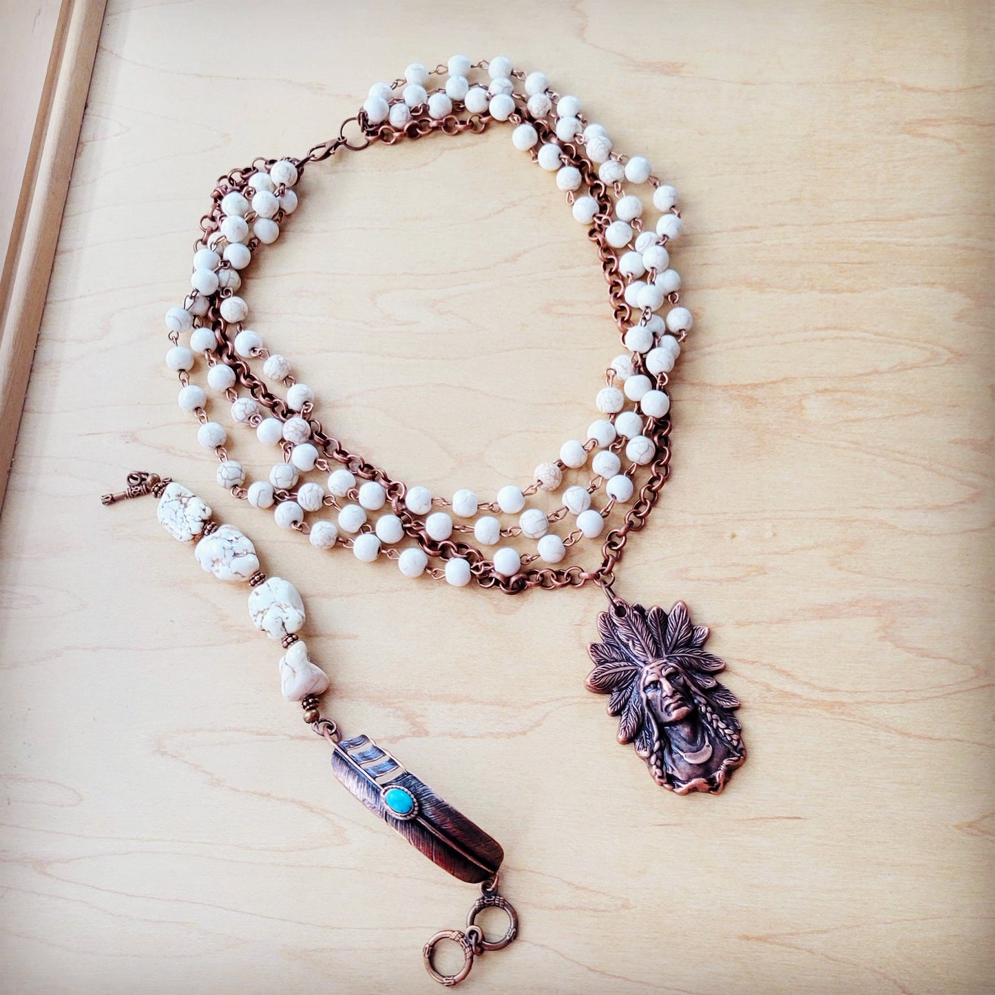 ONLINE EXCLUSIVE White Chunky Turquoise Beaded Bracelet on Copper Feather 810s