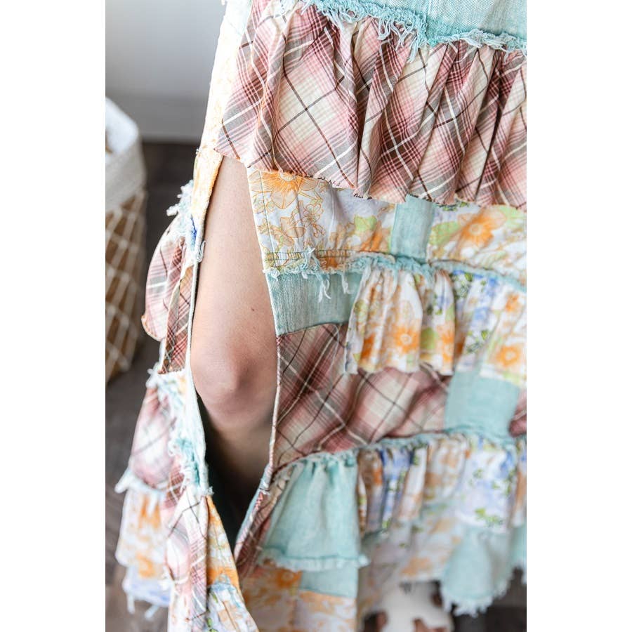 Oli & Hali washed plaid floral patchwork denim skirt