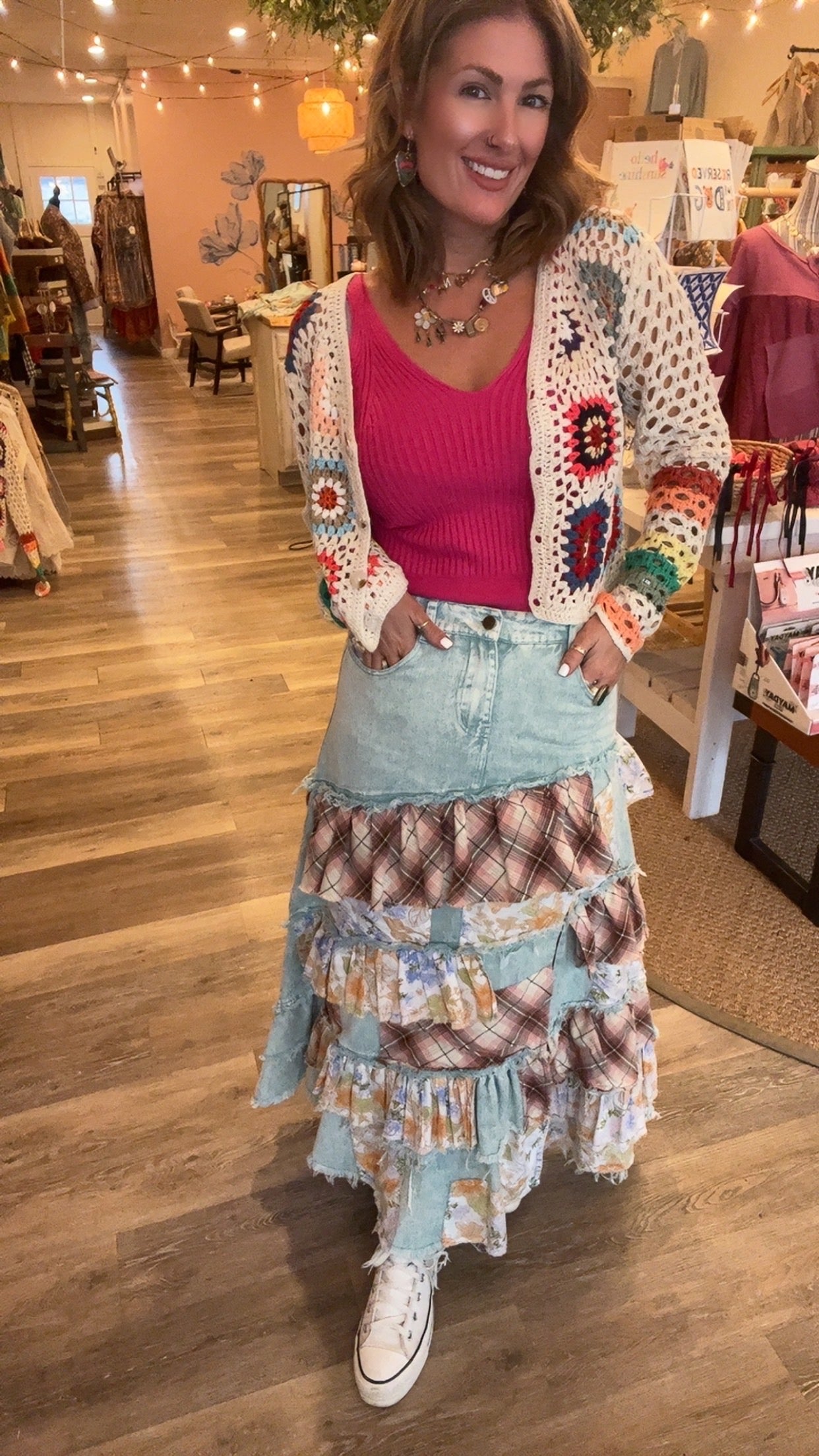 Oli & Hali washed plaid floral patchwork denim skirt