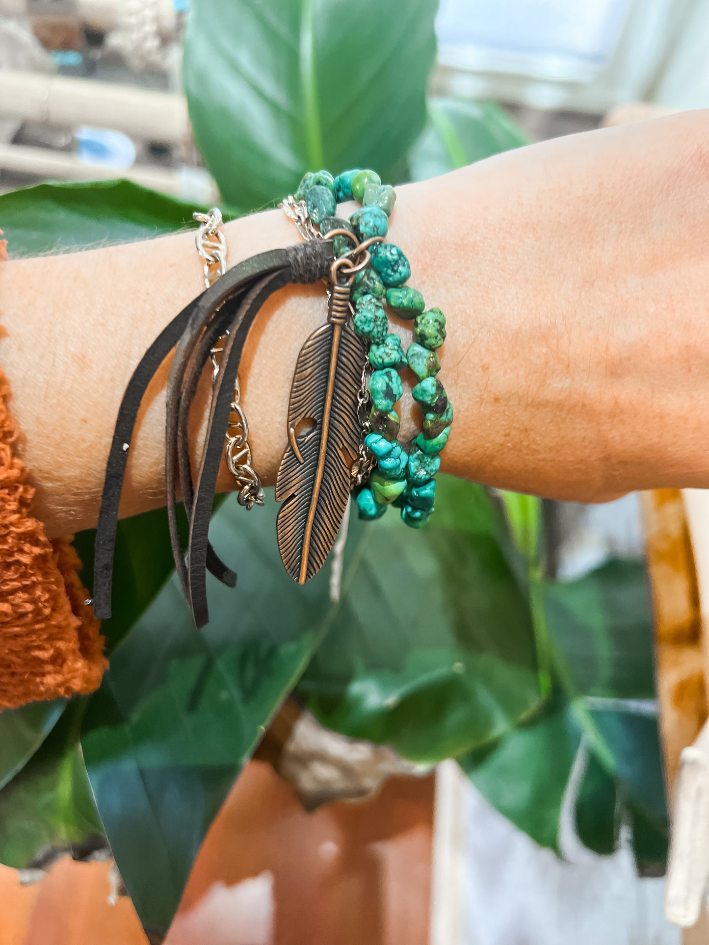 Double Strand Natural Turquoise Bracelet w/ Feather and Tassel