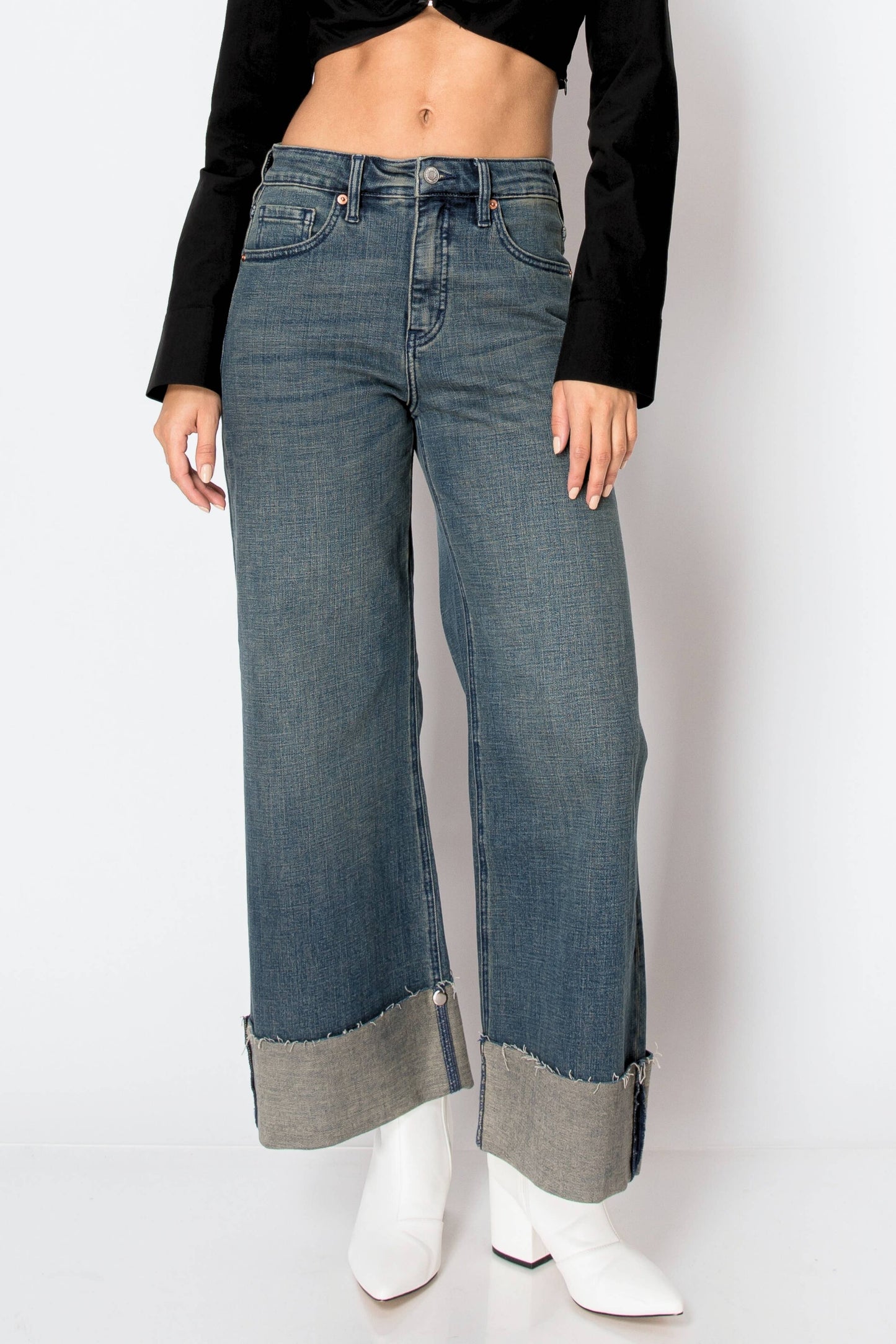 Artemis Vintage High rise with Snap cuff wide leg jeans
