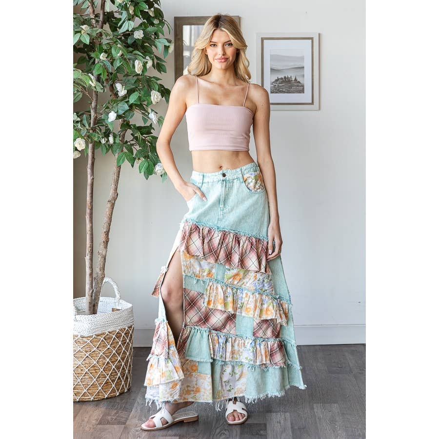 Oli & Hali washed plaid floral patchwork denim skirt