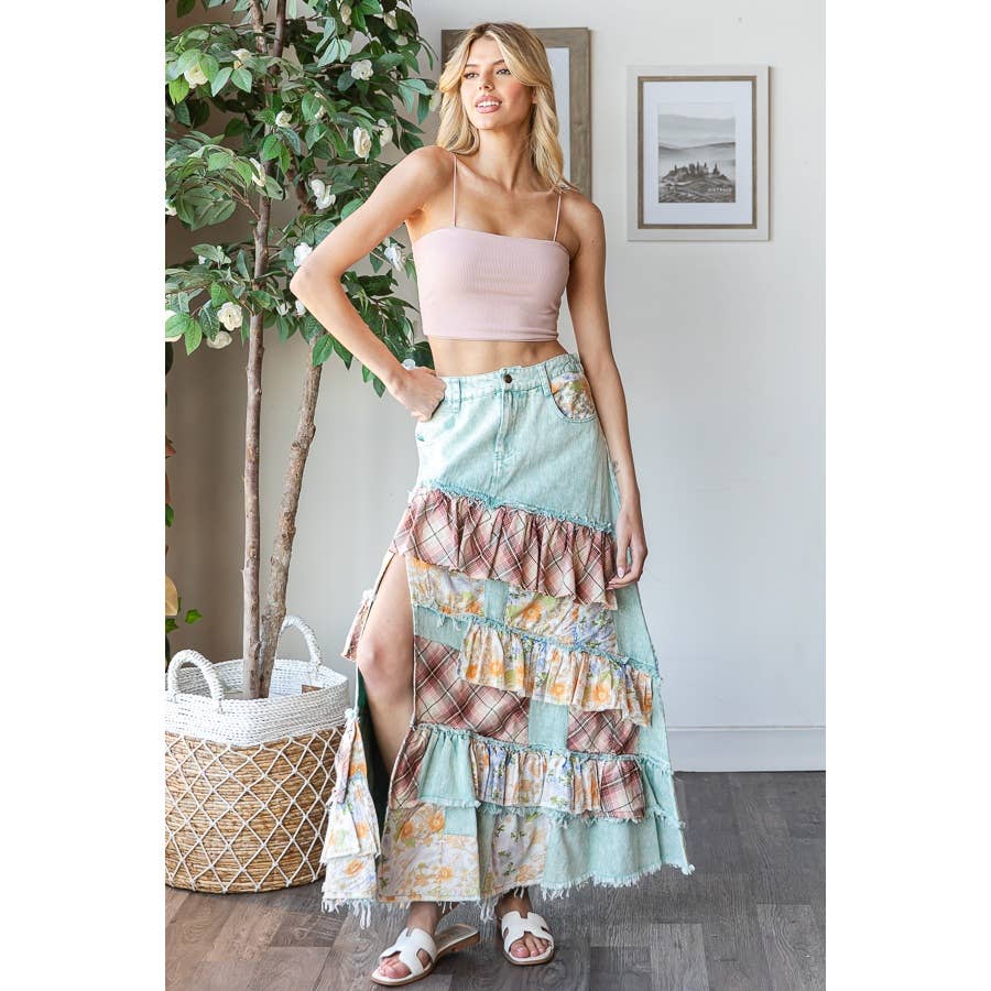 Oli & Hali washed plaid floral patchwork denim skirt