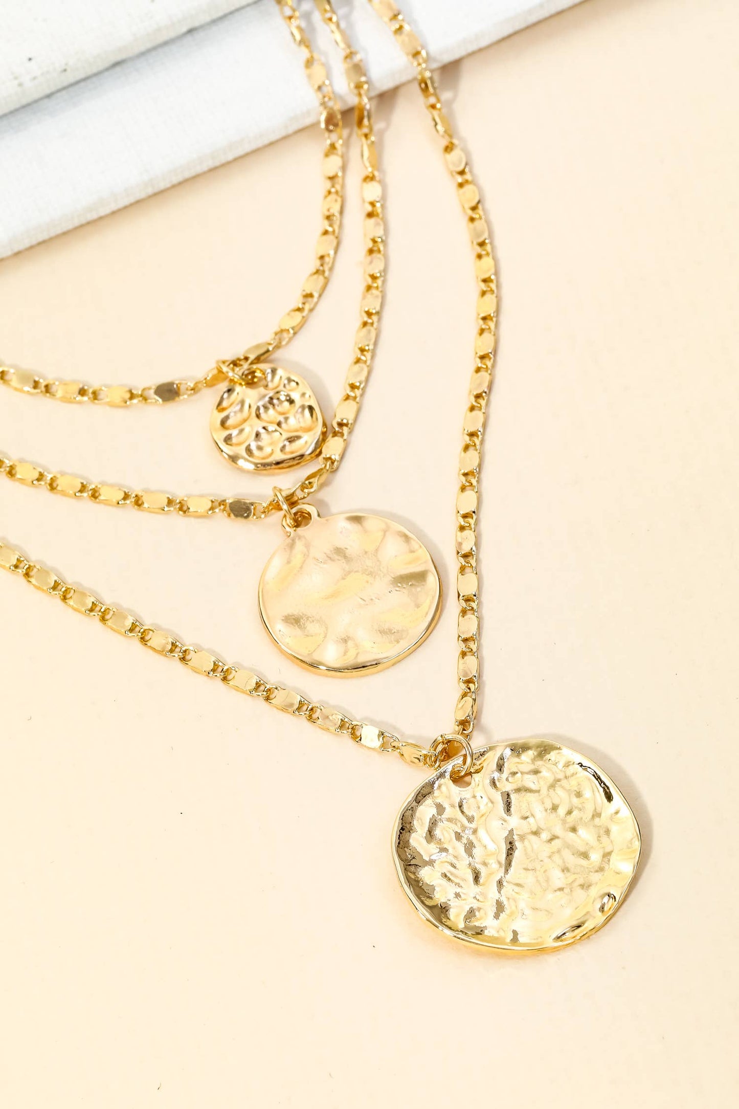 Layered Chain Hammered Coin Pendant Necklace