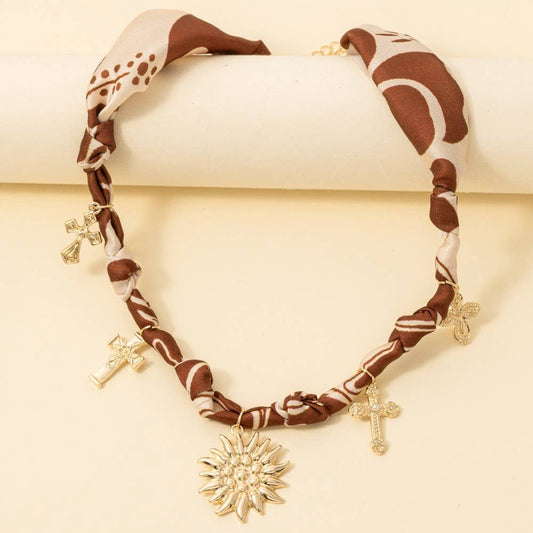 Cross And Sun Charms Bandana Chain Braided Necklace
