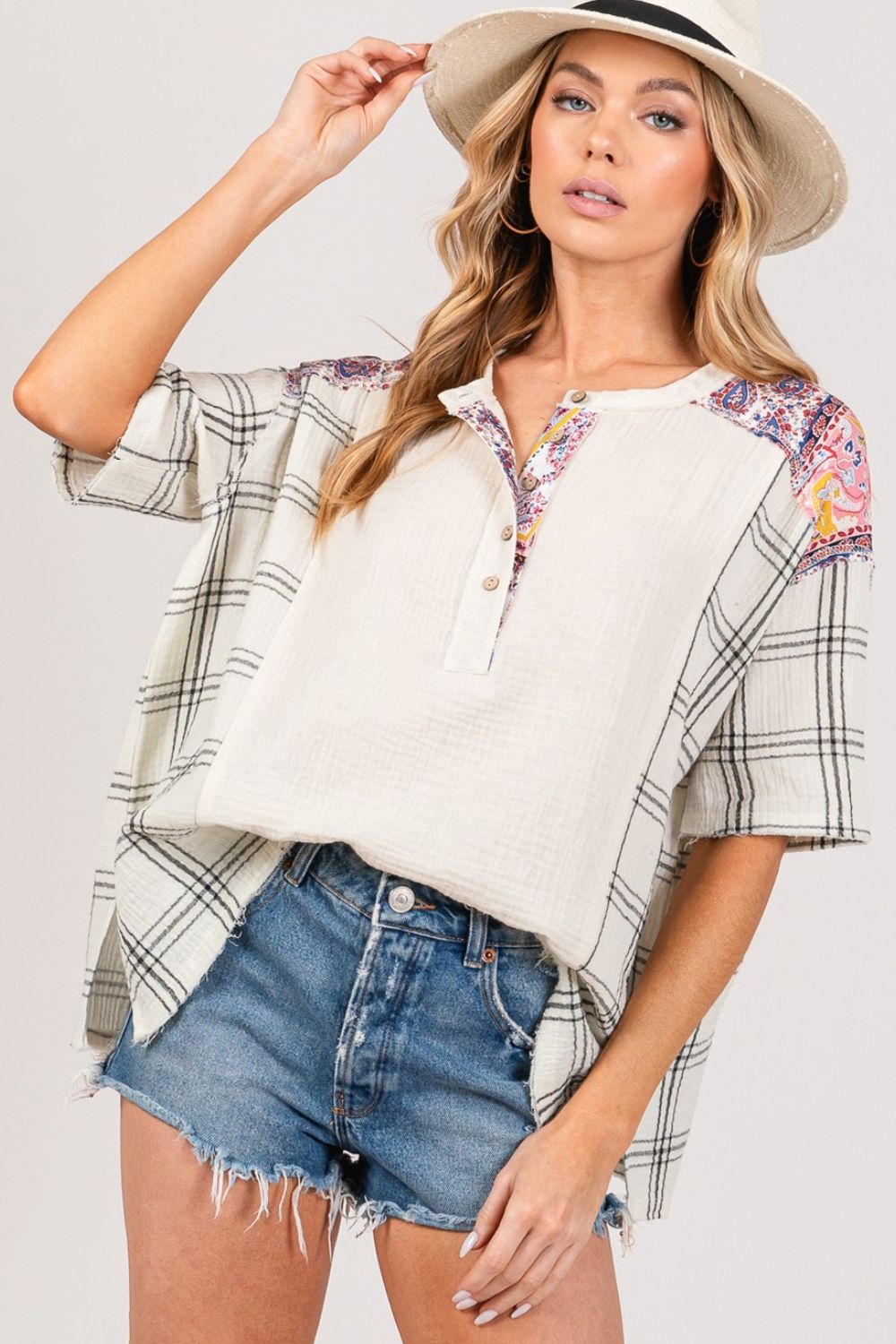 ONLINE EXCLUSIVE Plaid Half Button Gauze Top