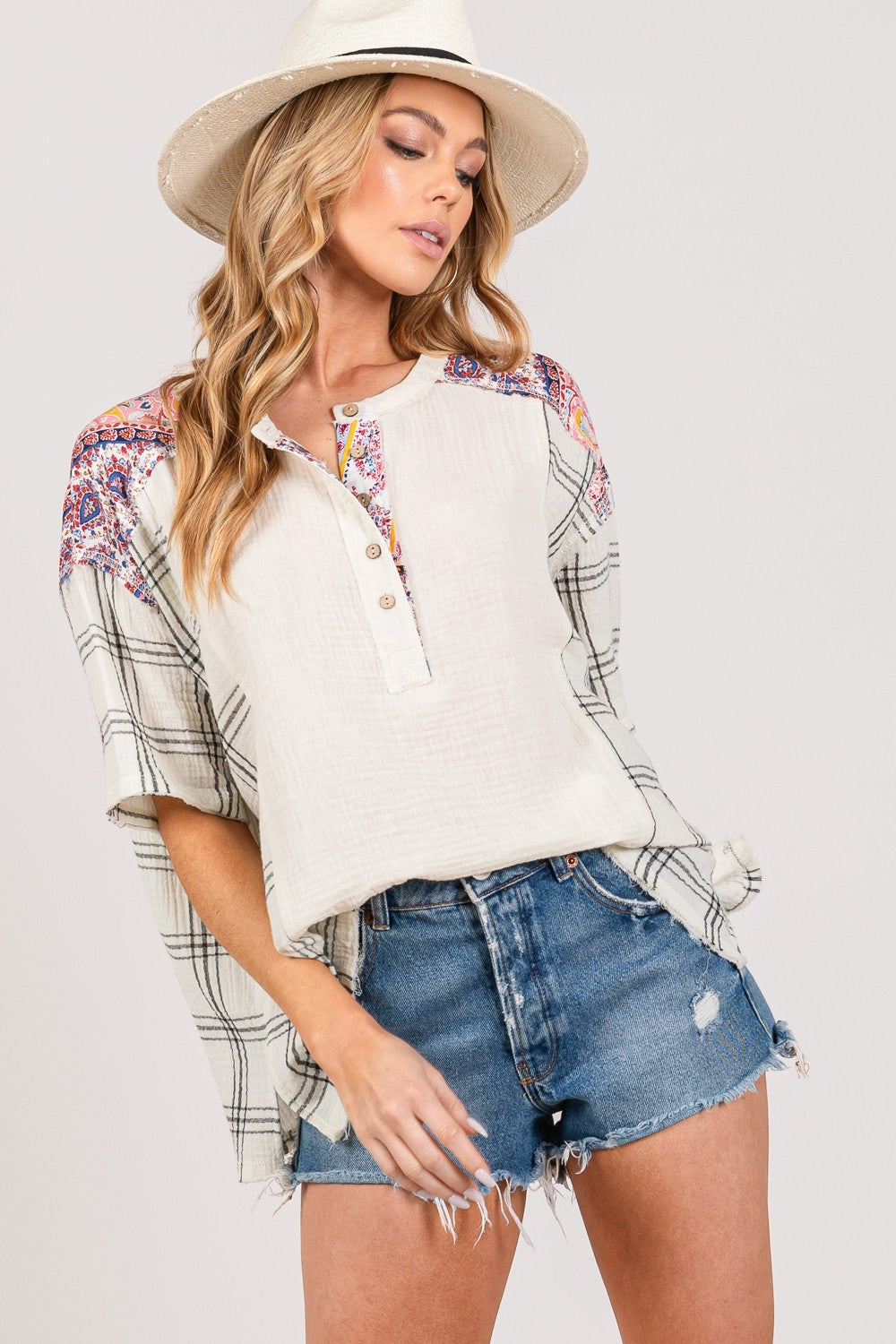 ONLINE EXCLUSIVE Plaid Half Button Gauze Top