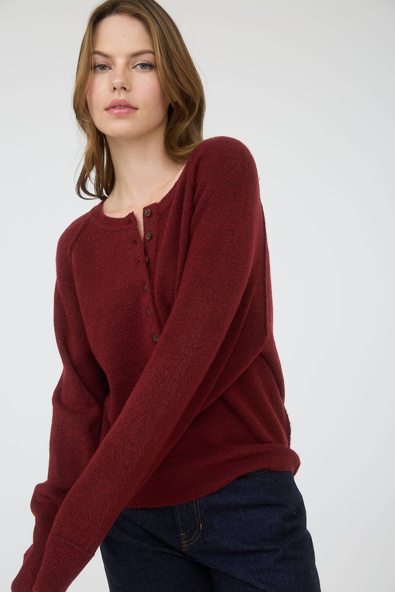Stay a while henley knit sweater