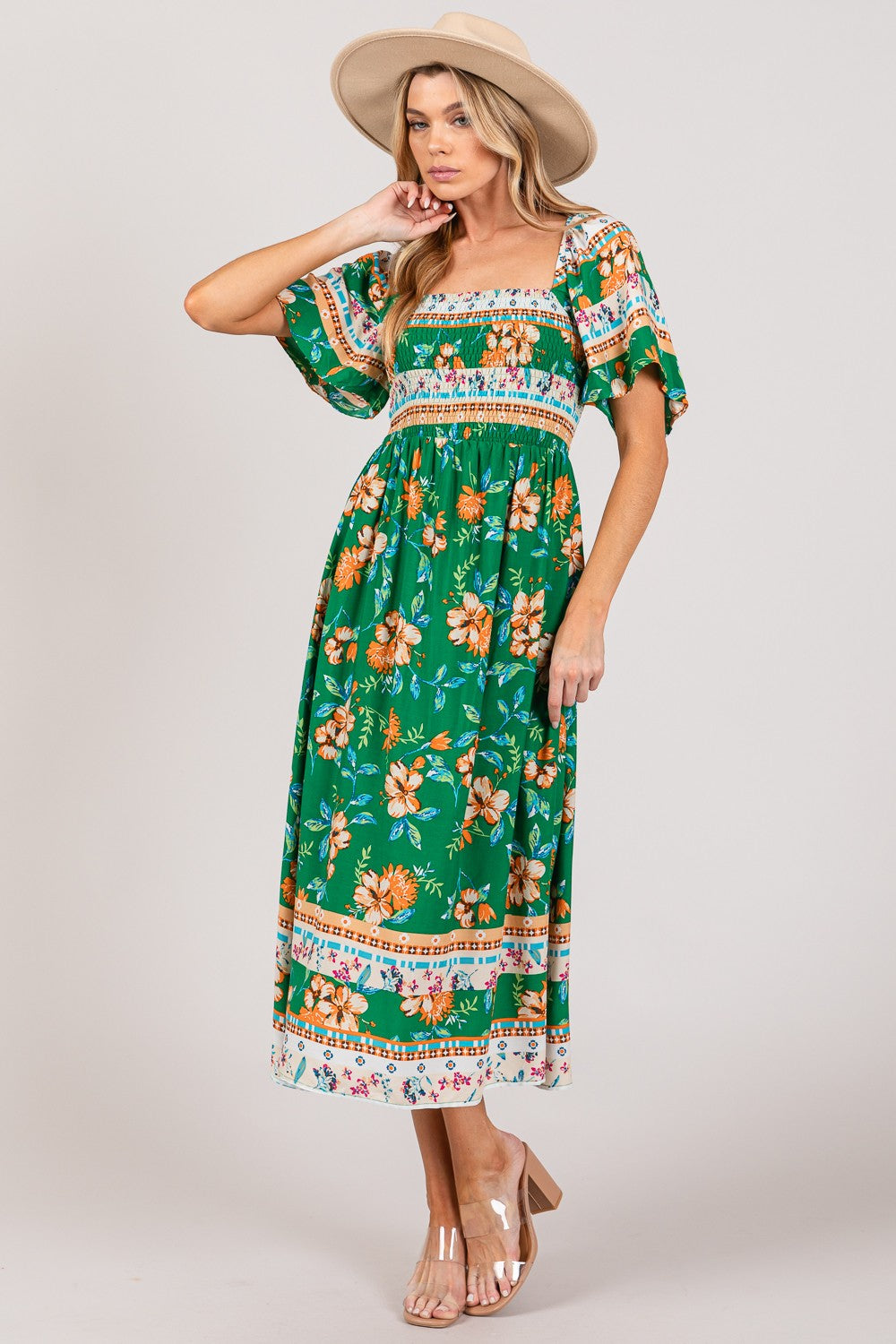 ONLINE EXCLUSIVE SAGE + FIG Printed Smocked Short Sleeve Midi Dress