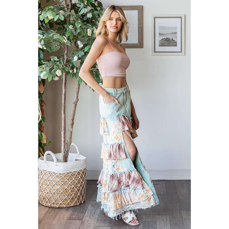 Oli & Hali washed plaid floral patchwork denim skirt