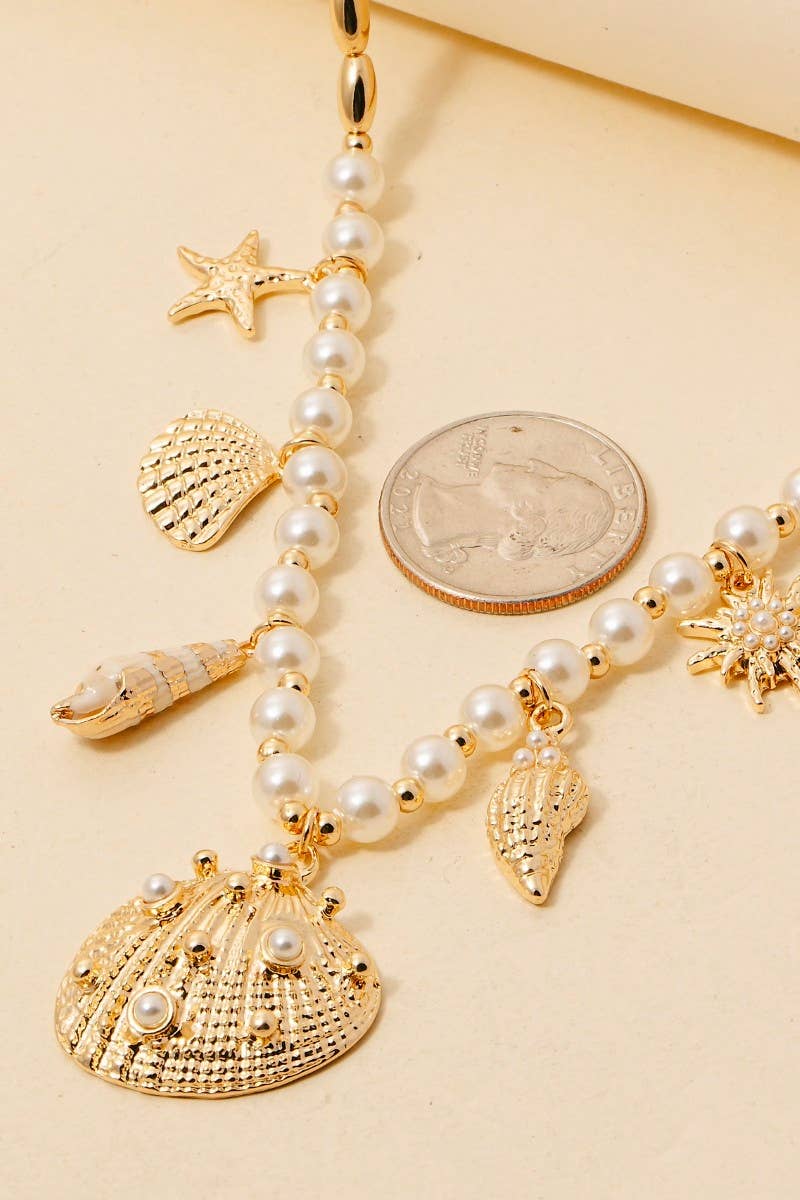 Sea Shell Charms Pearl Beaded Chain Necklace