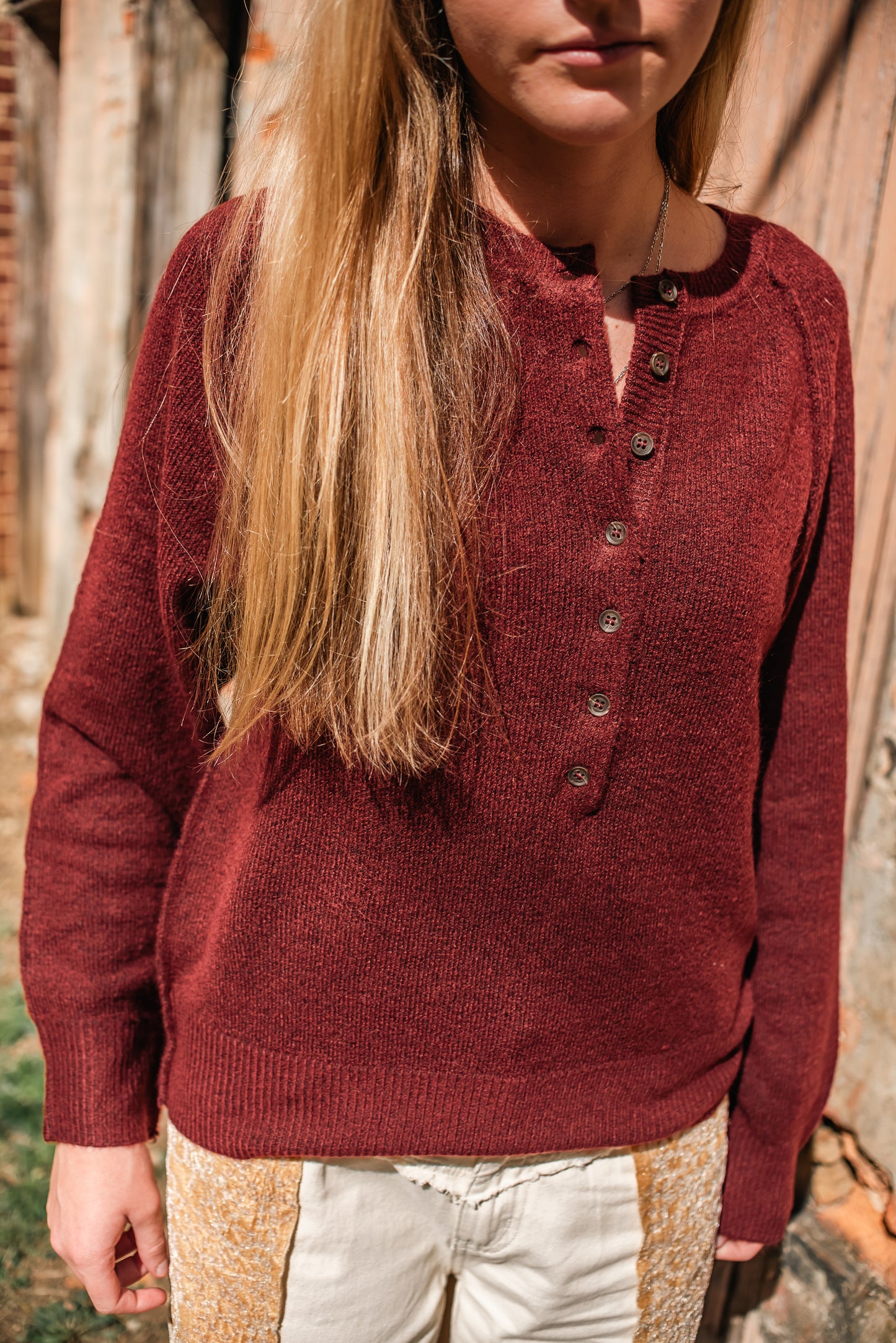 Stay a while henley knit sweater