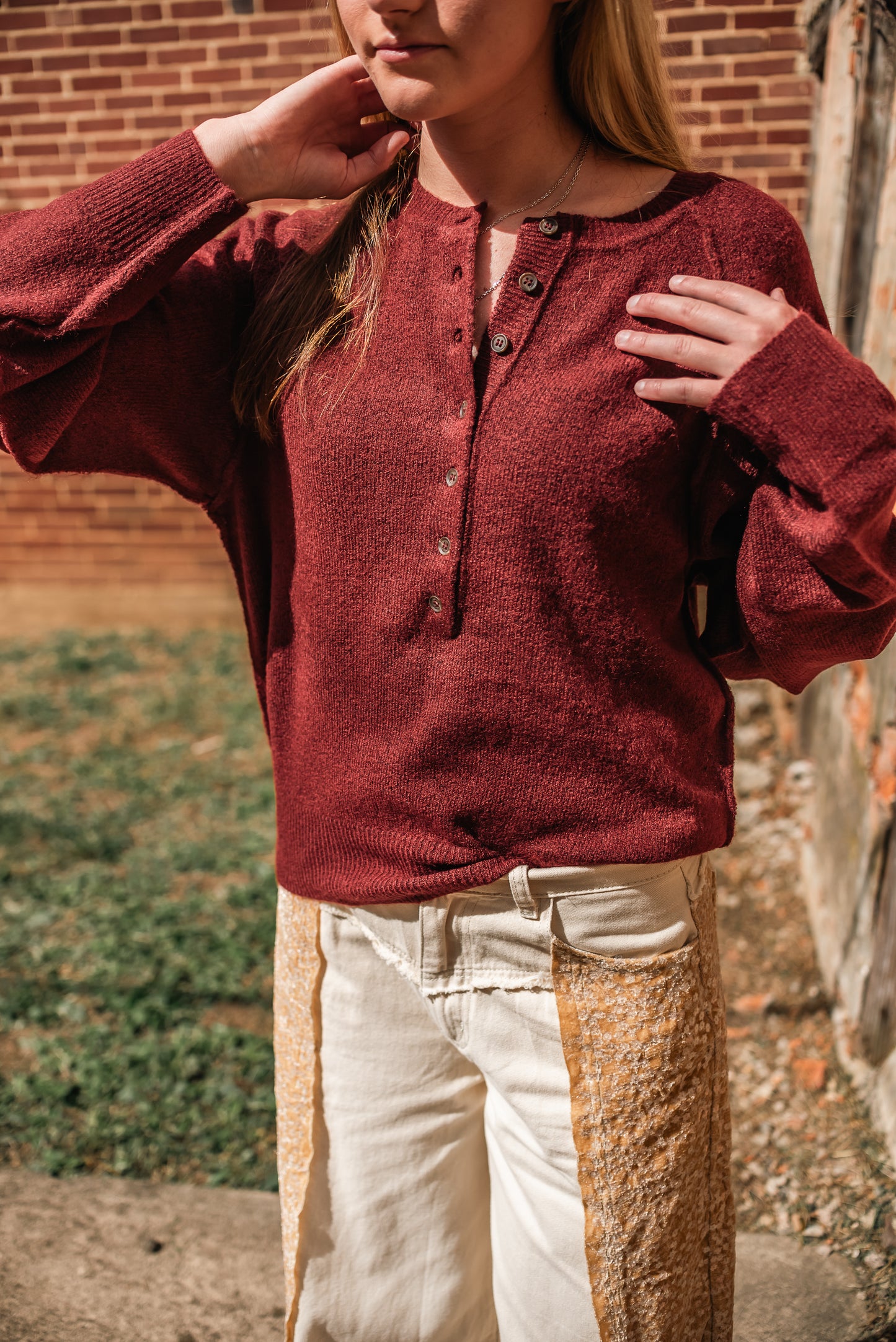 Stay a while henley knit sweater