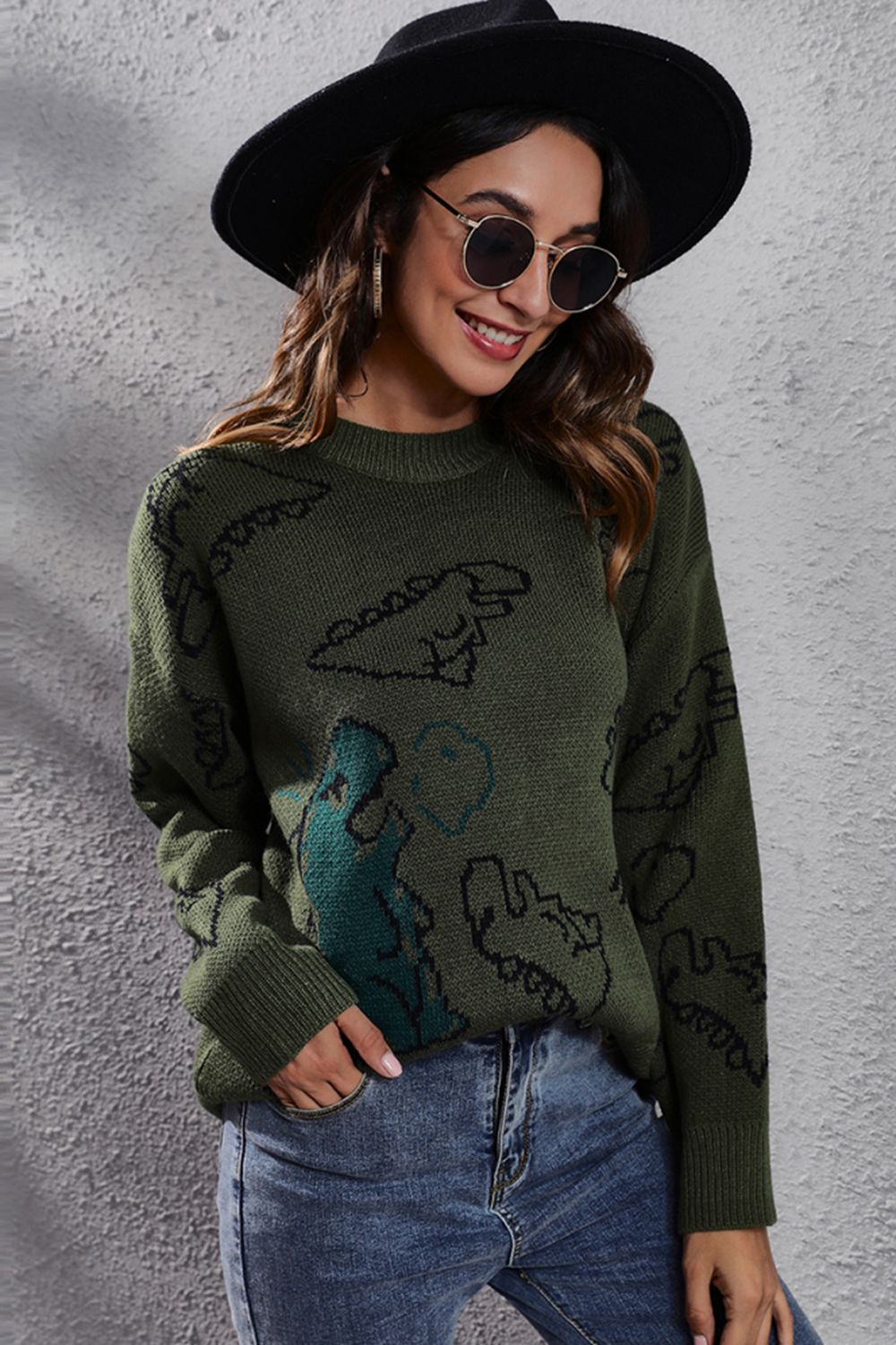 ONLINE EXCLUSIVE Dinosaur Pattern Round Neck Sweater