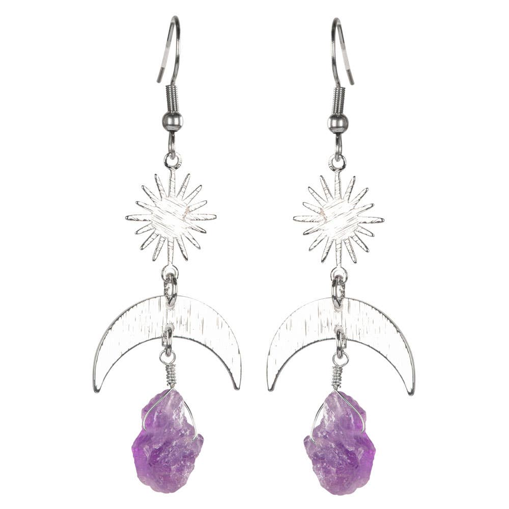 Sun And Moon Earring With Rough Stones And Silver Finish: Amethyst