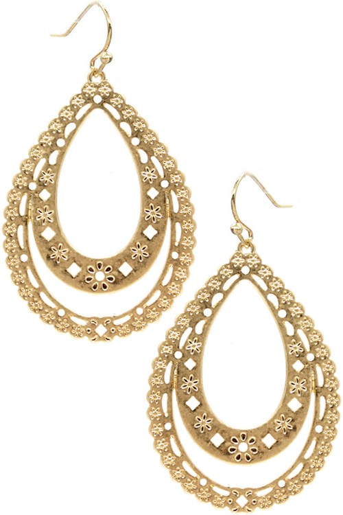 FLOWER TEXTURE TEARDROP SHAPE FILIGREE EARRING